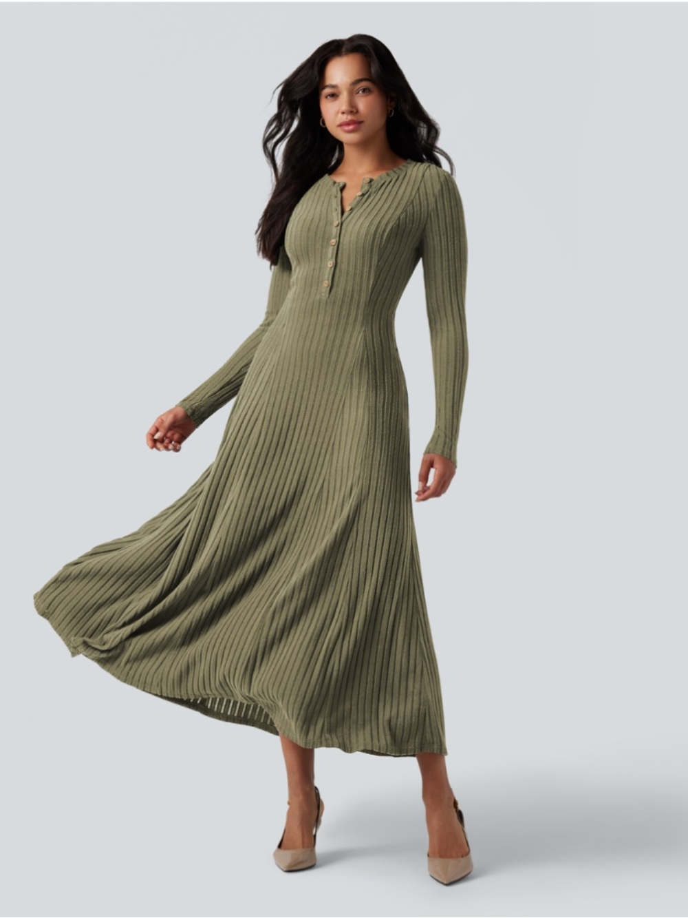 HALARA Olive Ribbed Henley Maxi Dress